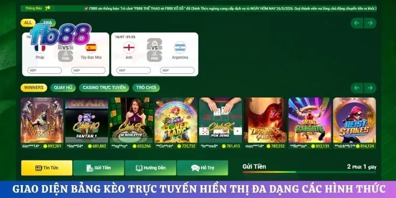 Giao diện bảng kèo trực tuyến hiển thị đa dạng các hình thức 