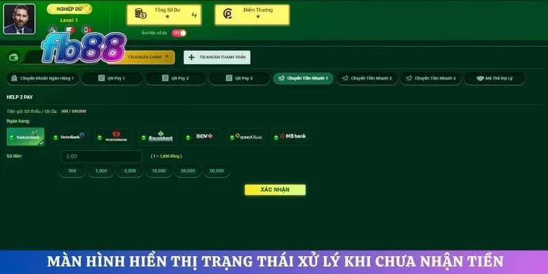 Màn hình hiển thị trạng thái xử lý khi chưa nhận tiền do sai sót trong quá trình thao tác