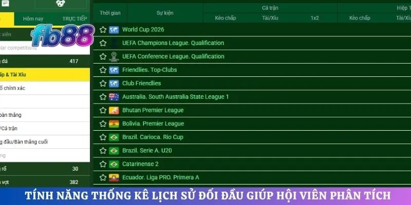 Tính năng thống kê lịch sử đối đầu giúp hội viên phân tích 